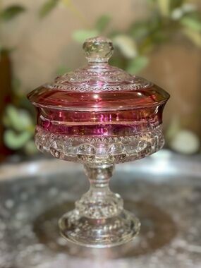 Vintage Indiana Glass Kings Crown Ruby Red Thumbprint Pedestal Candy Dish w Lid